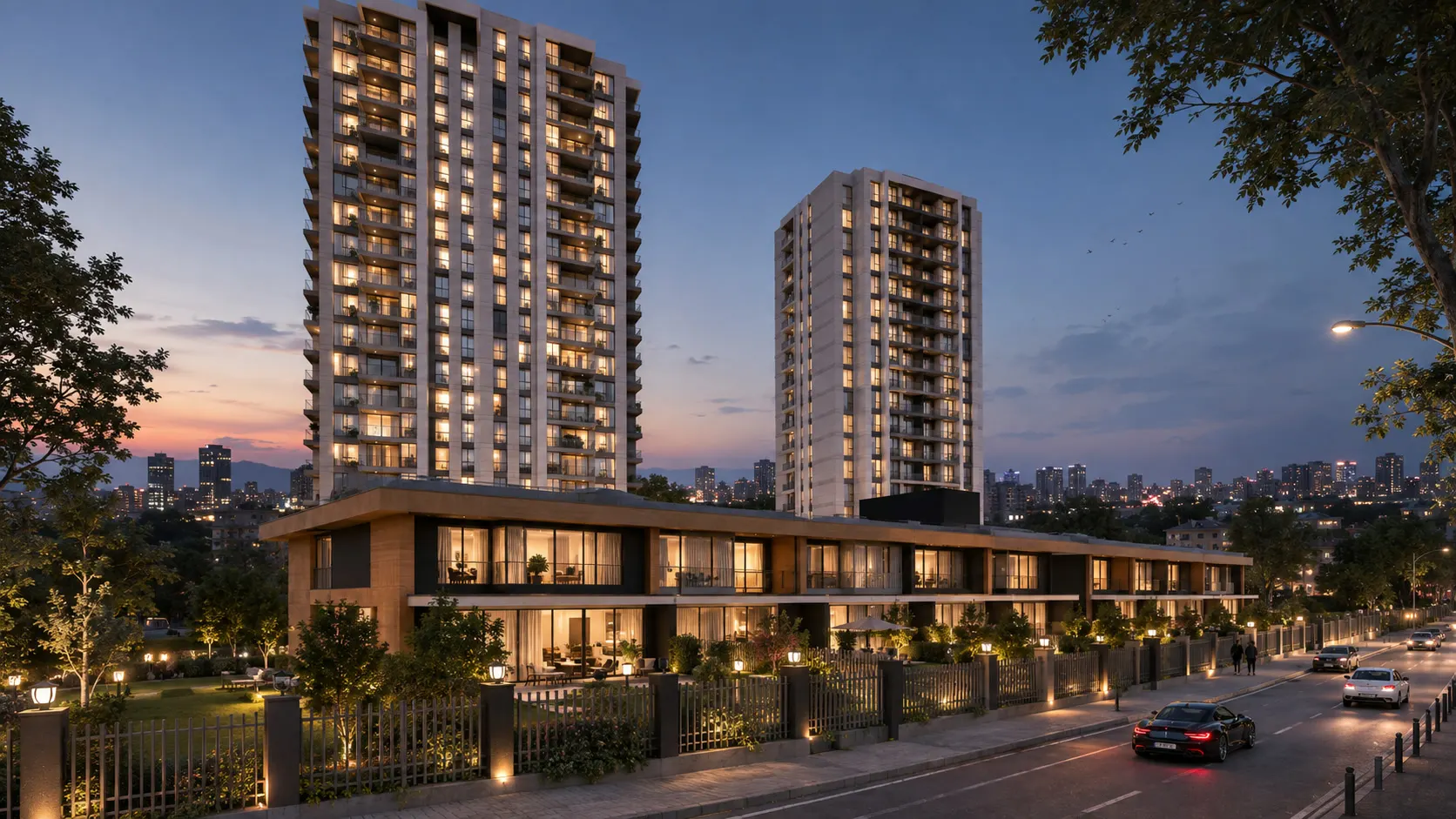 Doğan Residence & Villa kuleleri ve villa sırası, akşam (temsilî görsel)